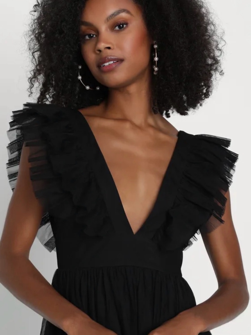 Lulu's Black Deep V Ruffle-Trim Maxi Dress - Picture 3 of 6